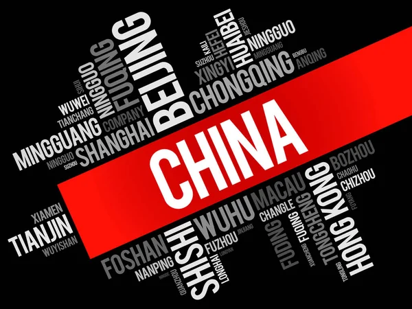 Lista de ciudades en China, word cloud collage — Vector de stock