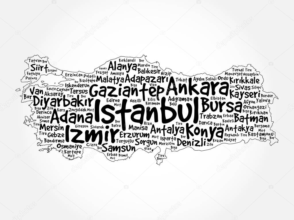 List of cities in Turkey word cloud map