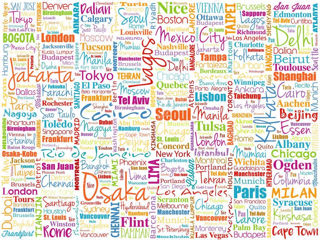 The largest cities in the world word cloud collage