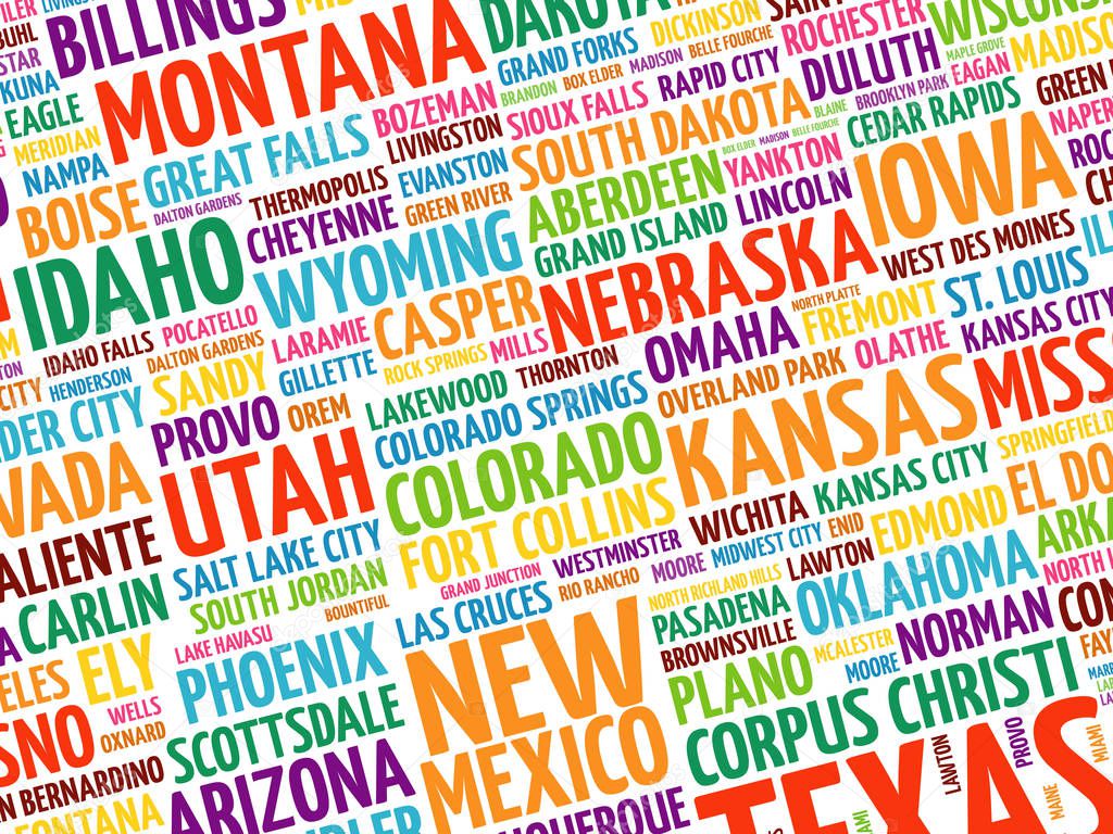 USA cities names word cloud collage