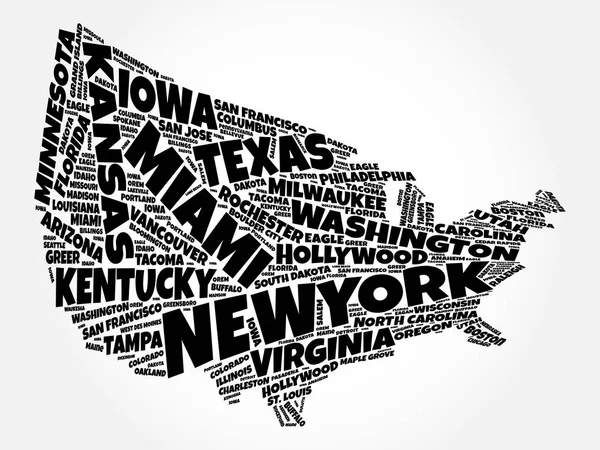USA Mappa parola cloud collage — Vettoriale Stock