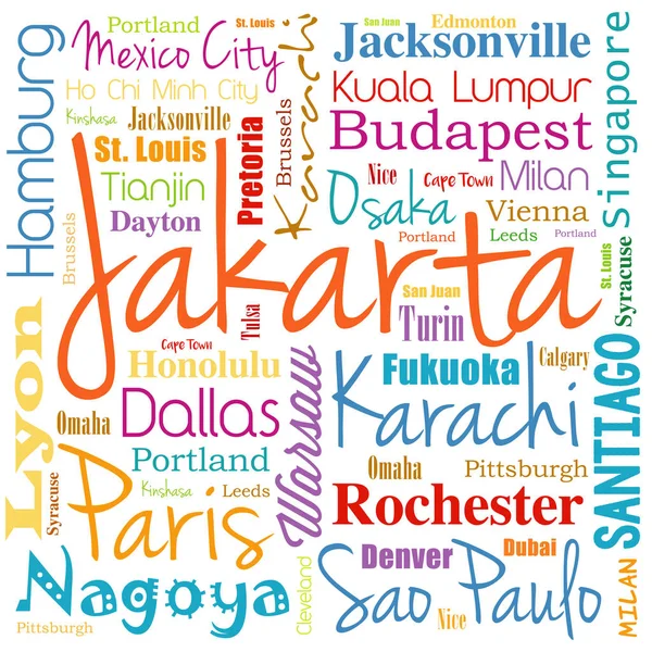 Cities in the world, word cloud collage — Stock Vector