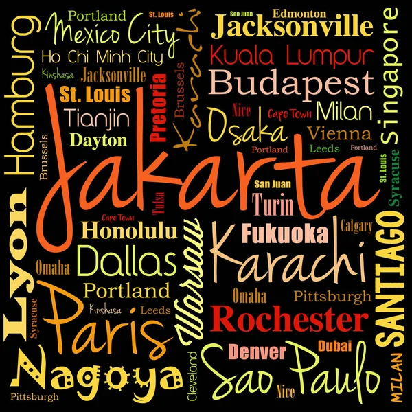 Cities in the world, word cloud collage — Stock Vector