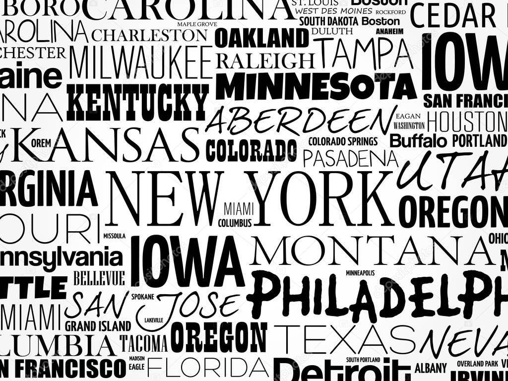 USA cities names word cloud collage