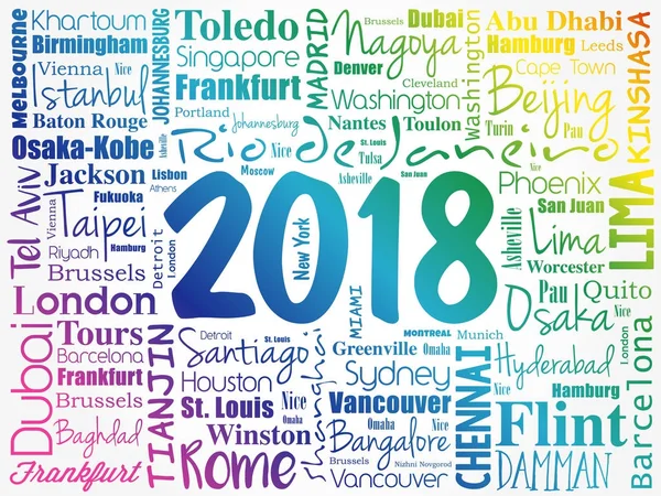2018 travel cities word cloud collage — Stock Vector