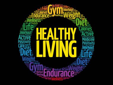 Sağlıklı yaşam daire damga kelime bulutu