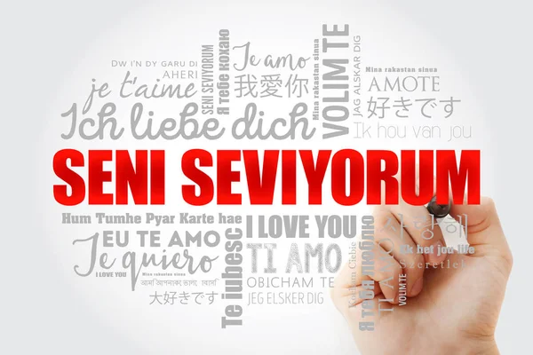 Seni seviyorum (Eu te amo em turco) nuvem de palavras — Fotografia de Stock