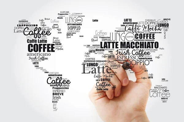 कॉफी पेय वर्ल्ड नकाशाच्या आकारात मेघ शब्द — स्टॉक फोटो, इमेज