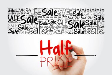 Yarı fiyat Satılık kelime bulut kolaj