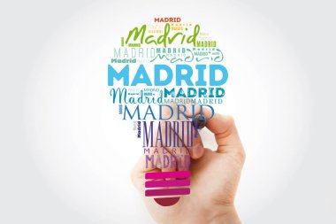 Madrid light bulb word cloud, travel concept