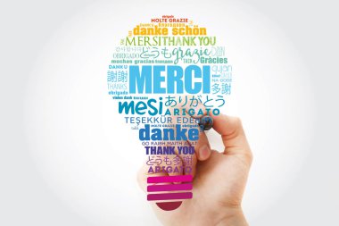 Merci (Thank You in French) light bulb word cloud