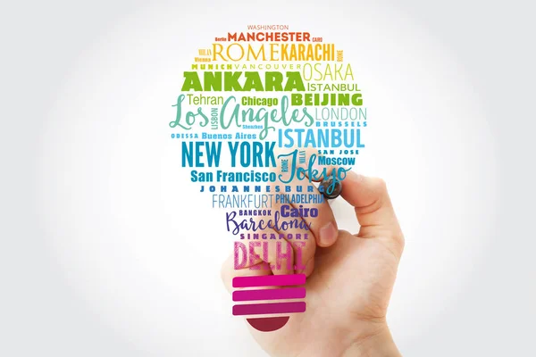 The largest cities in the world light bulb word cloud — Stock Photo, Image