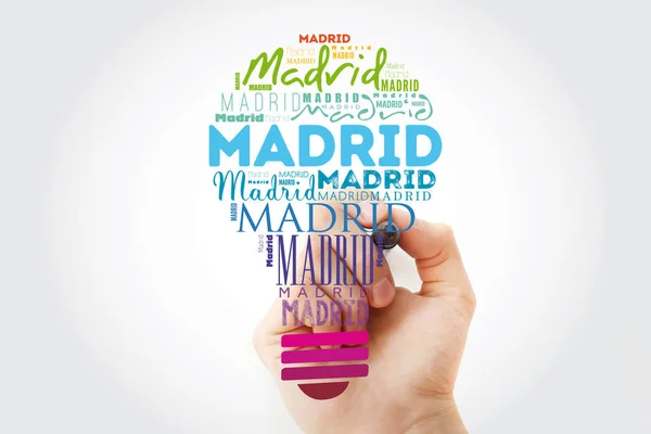 Madrid light bulb word cloud, travel concept — ストック写真