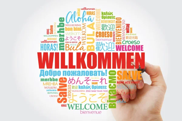 Willkommen, Welcome in German. Word cloud — 图库照片