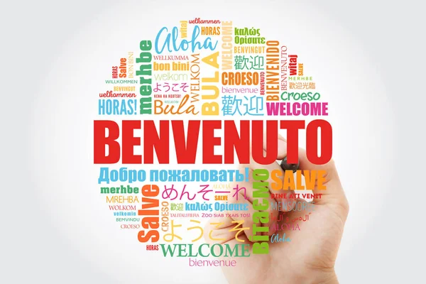 Benvenuto (Welcome in Italian) word cloud — Stock Photo, Image