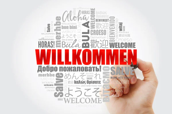 Willkommen, bem-vindo em alemão. Nuvem de palavras — Fotografia de Stock