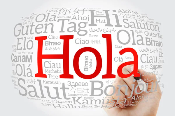 Hola! (Hej hälsning på spanska) word cloud — Stockfoto