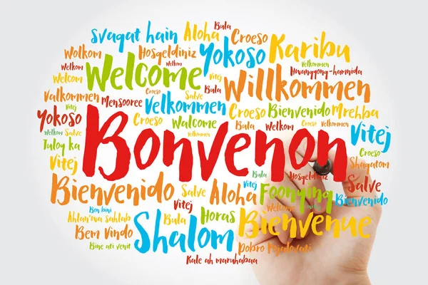 Облако слов Bonvenon (Добро пожаловать на эсперанто) — стоковое фото
