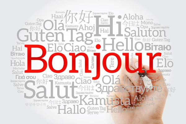 Bonjour (Hello Greeting in French) word cloud — Stock Photo, Image