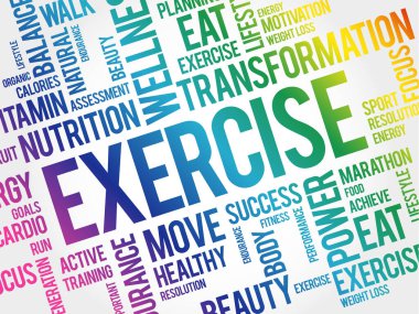 Egzersiz kelimesi bulut, fitness, spor, sağlık kavramı