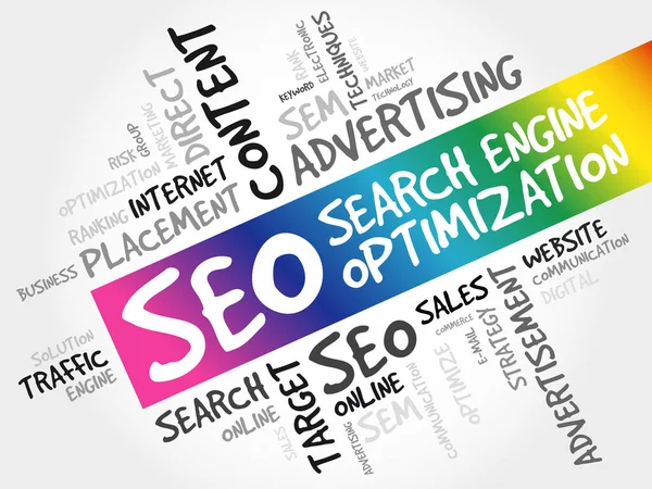 Seo Search Engine Optimization Colagem Nuvem Palavras Fundo Conceito Negócio —  Vetores de Stock