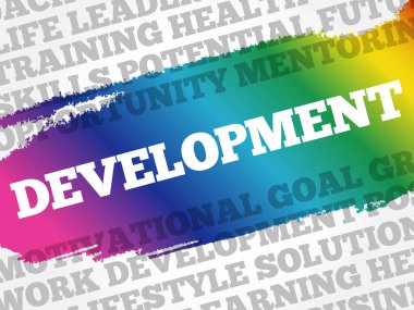 Geliştirme kelimesi bulut kolajı, iş konsepti geçmişi