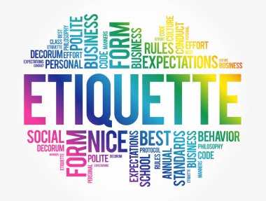 Görgü kuralları, bulut kolajı, sosyal iş konsepti tahtada