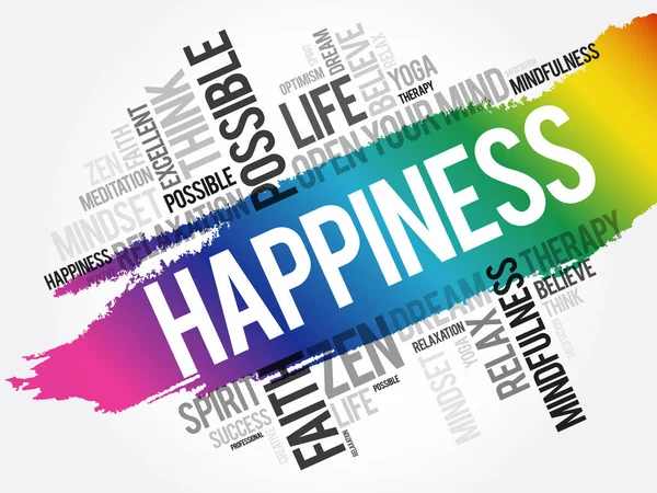 Happiness Palavra Nuvem Colagem Fundo Conceito —  Vetores de Stock