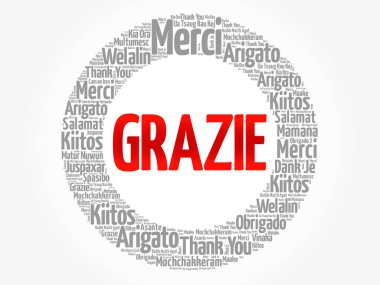 Grazie (İtalyanca Teşekkür) kelime bulut arkaplanı farklı dillerde