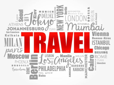 TRAVEL kelime bulut kavramı kelimelerle oluşturulan şehir isimleri, iş konsepti arka plan