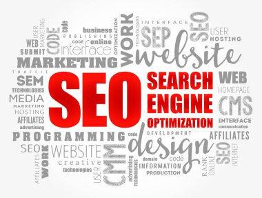 SEO (Arama Motoru İyimsemesi) kelime bulut kolajı, teknoloji konsepti arkaplan