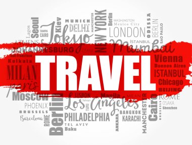 TRAVEL kelime bulut kavramı kelimelerle oluşturulan şehir isimleri, iş konsepti arka plan