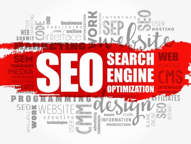 SEO (Arama Motoru İyimsemesi) kelime bulut kolajı, teknoloji konsepti arkaplan