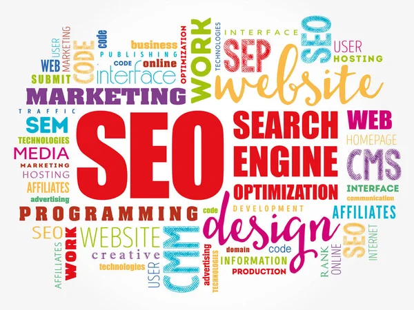 Seo Search Engine Optimization Word Cloud Collage Background Concettuale Tecnologico — Vettoriale Stock