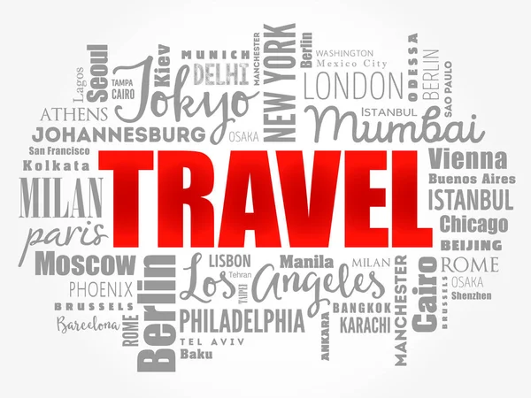 Travel Word Cloud Koncepció Készült Szavak Városok Nevek Üzleti Koncepció — Stock Vector