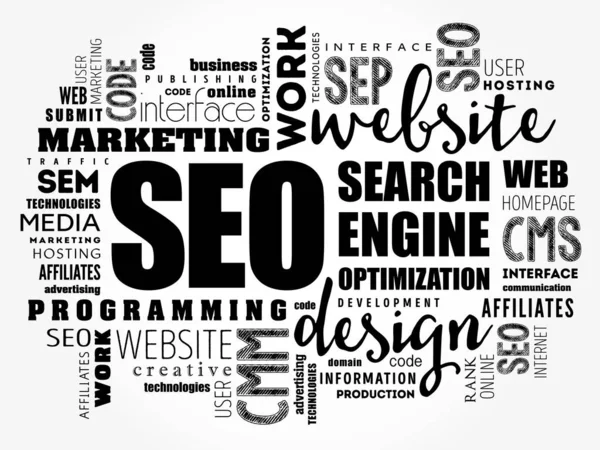 Seo Search Engine Optimization Word Cloud Collage Background Concettuale Tecnologico — Vettoriale Stock
