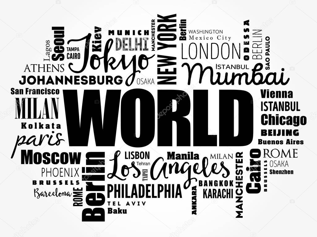 WORLD word cloud concept made with words cities names, business concept background