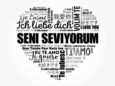 Seni seviyorum (Türkçe seni seviyorum) dünyanın farklı dillerinde kalp kelime bulutu