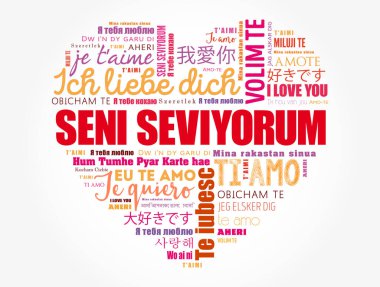 Seni seviyorum (Türkçe seni seviyorum) dünyanın farklı dillerinde kalp kelime bulutu
