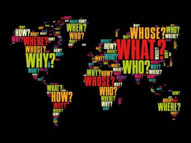 Typography 'daki Soru Kelimeleri Dünya Haritası, kelimeler iş konseptini gölgeliyor