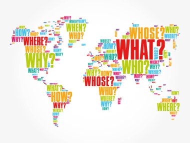 Typography 'daki Soru Kelimeleri Dünya Haritası, kelimeler iş konseptini gölgeliyor
