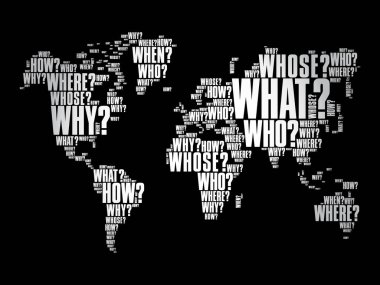 Typography 'daki Soru Kelimeleri Dünya Haritası, kelimeler iş konseptini gölgeliyor