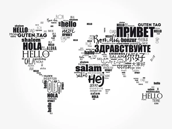 Hola Diferentes Idiomas Nube Palabras Mapa Del Mundo Fondo Concepto — Vector de stock