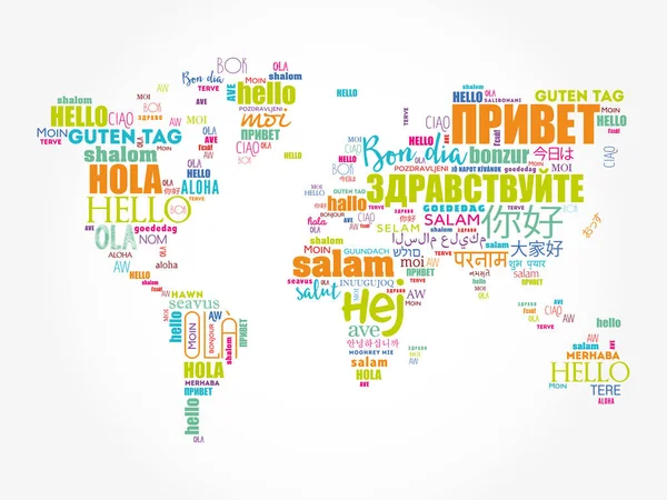 Olá Diferentes Idiomas Word Cloud Mapa Mundo Business Concept Background — Vetor de Stock