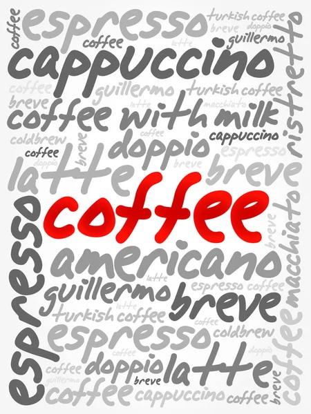 Lijst Van Koffie Drankjes Woorden Wolk Collage Poster Achtergrond — Stockvector