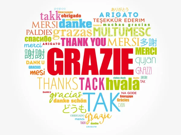 Grazie Thank You Italiano Love Heart Word Cloud Background Diferentes — Vector de stock