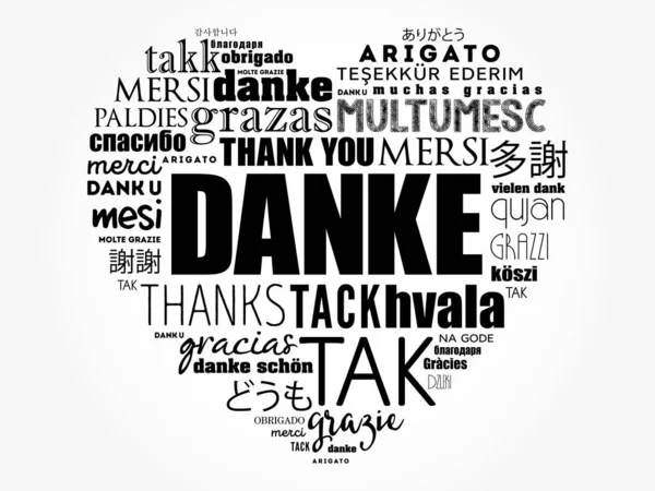 Danke Děkujeme Němčině Love Heart Word Cloud Různých Jazycích — Stockový vektor