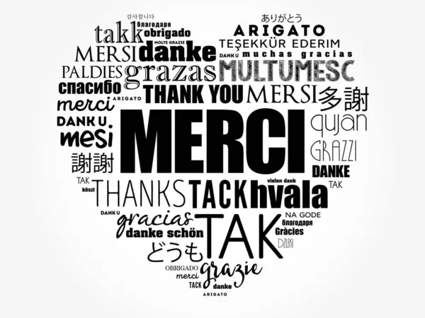Merci Thank You French Love Heart Word Cloud Different Languages — Stock Vector