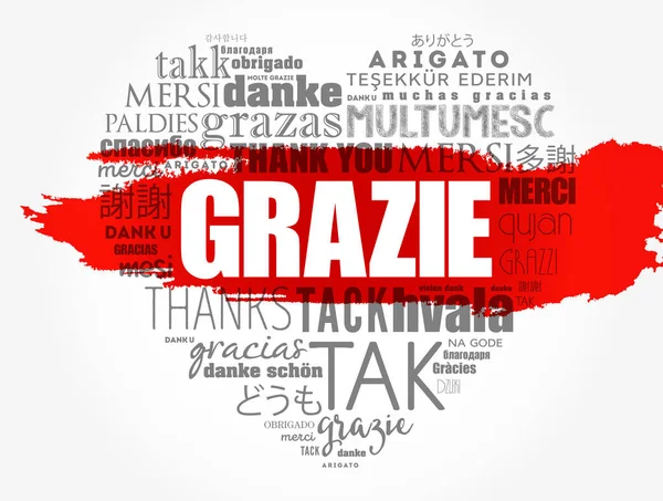 Grazie Thank You Italian Love Heart Word Cloud Background Diverse — Vettoriale Stock