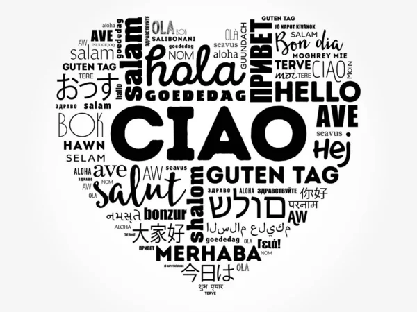 Ciao Hello Groet Het Italiaans Hart Woord Wolk Verschillende Talen — Stockvector